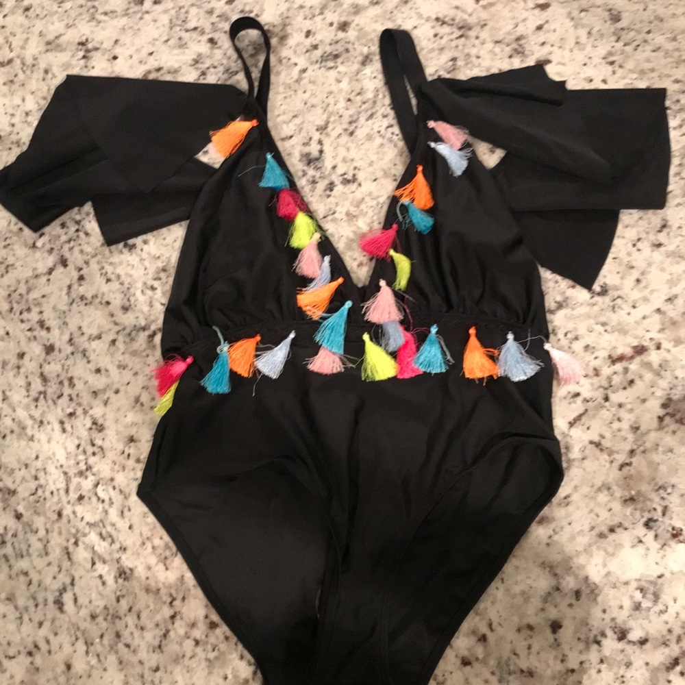 One Piece Plunge Tassel Swimsuit-Never Worn